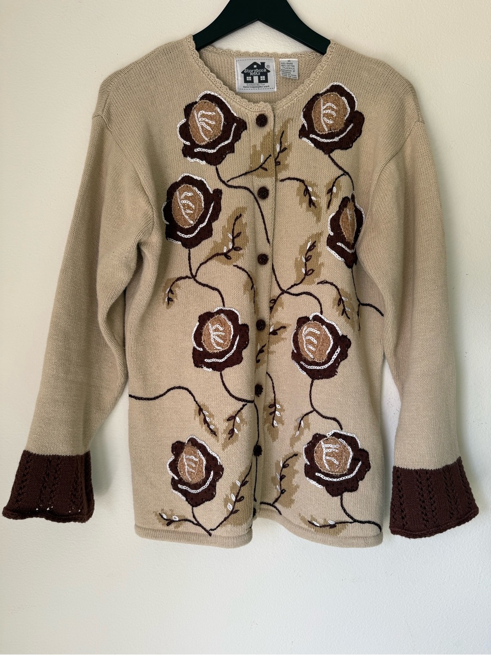 Vintage Storybook Knits "Shadow Rose" Embroidered Cardigan Sweater Medium Beige